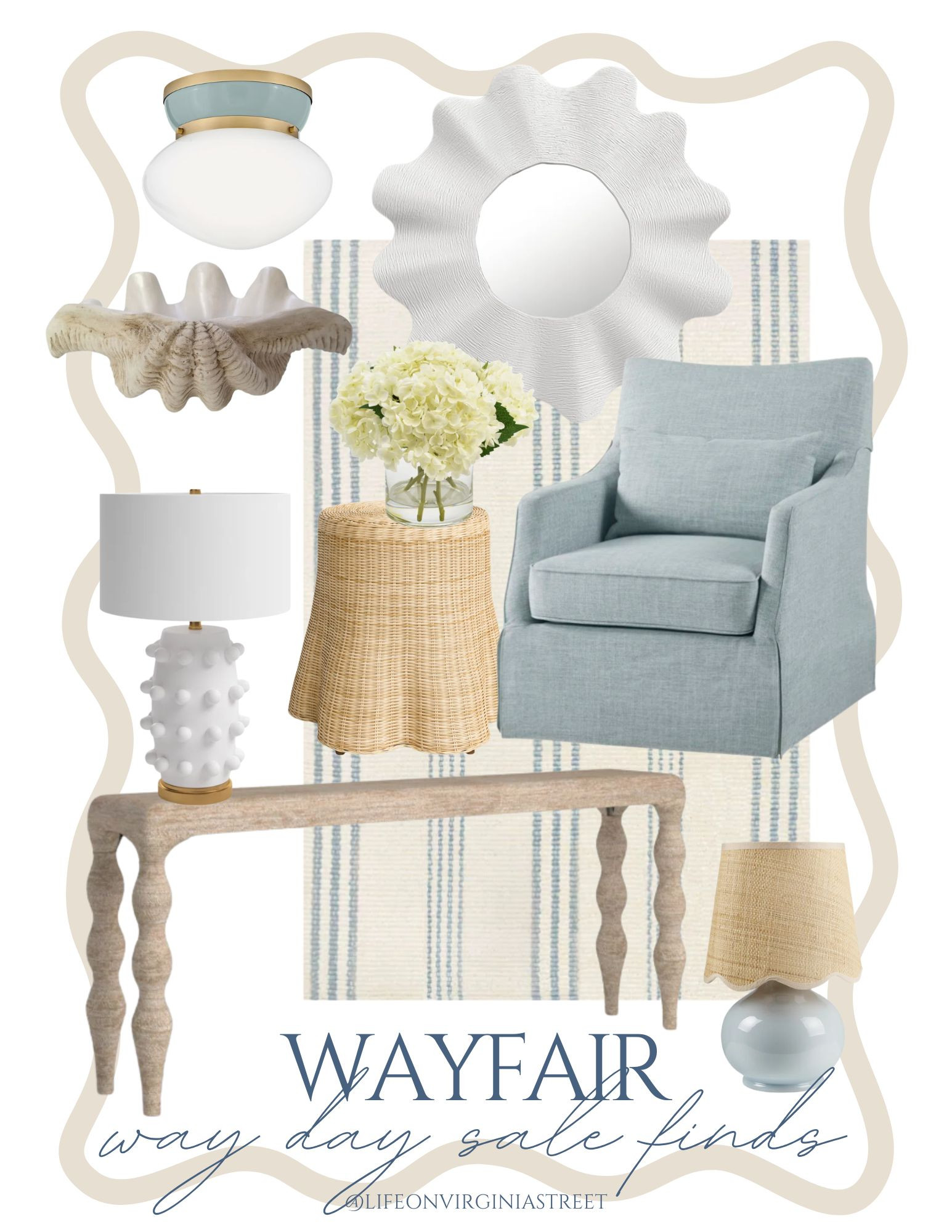 It's Way Day! There are so many gorgeous home decor finds on sale at @Wayfair wayfair today, many of which we own! I'm loving these fresh picks for spring that are on sale including the gorgeous scalloped mirror, chic flush mount light fixture, light blue upholstered swivel chair that we have at our beach rental, our rope console table, light blue striped rug and more! And they all ship free - sale ends 4/27! I'm sharing some of my top sale picks in this blog post: https://lifeonvirginiastreet.com/2026-way-day-sale-picks/ #ad #wayfair #wayfairpartner #wayday 

#LTKHome #LTKSeasonal #LTKSaleAlert