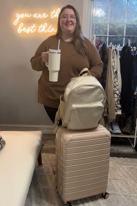 My travel essentials: comfy and cute outfit, Beis backpack filled with my favorite snacks and books, cute and functional luggage, and my Stanley cup full of ice water! All these things would make INCREDIBLE gifts for the traveler in your life this holiday season!

#LTKSeasonal #LTKtravel #LTKHoliday