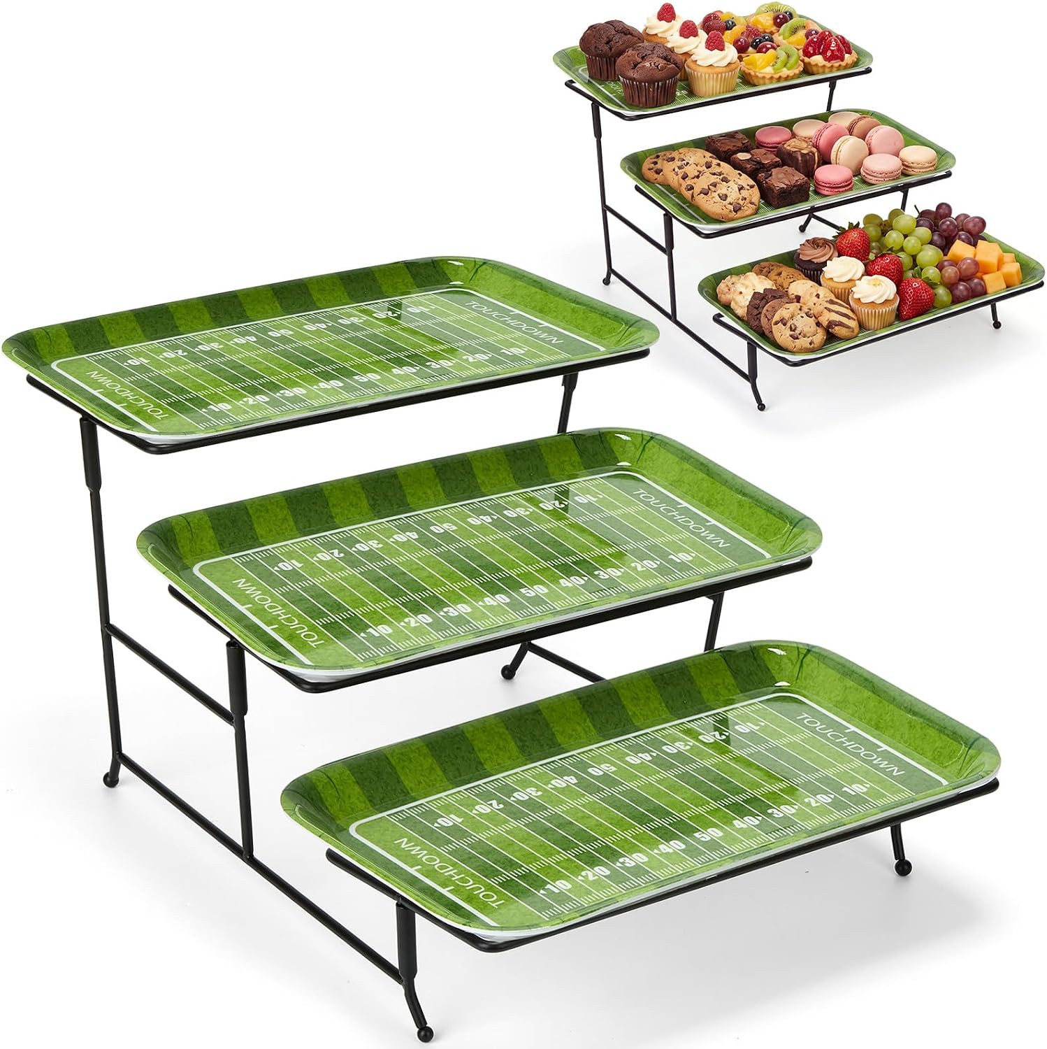 Thenshop 3 Tier Football Field Melamine Serving Tray Set, 12" Platters for Serving Food, Reusable Trays with Metal Stand for Cupcakes, Fruit, Snacks, Cookies, Football and Sports Birthday Party | Amazon (US)