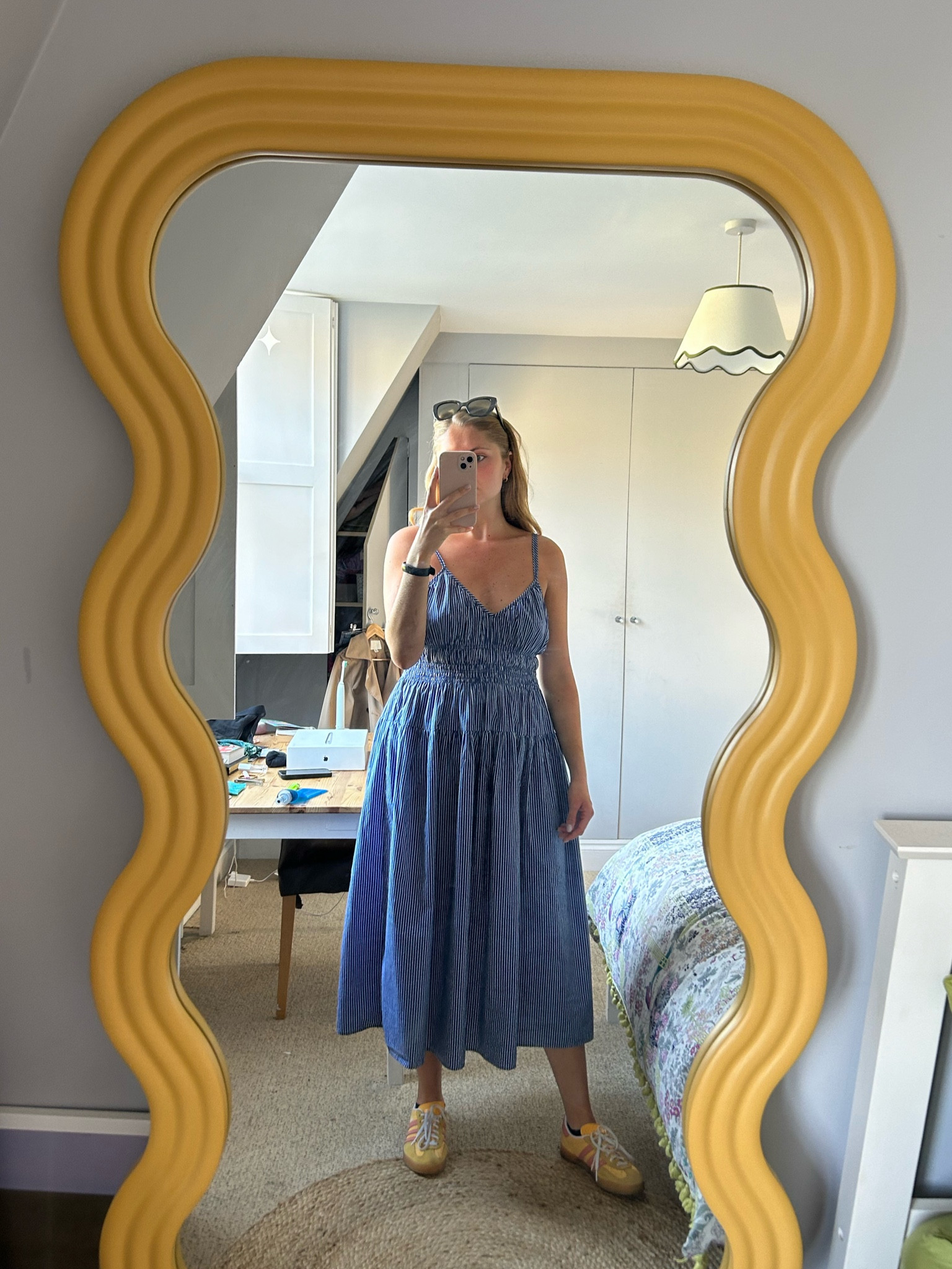 Blue dress, dress, smocked dress, summer dress, dresses, summer outfits, vacation outfits, date night outfits, stripe dress, adidas gazelle, yellow sneakers

#LTKeurope #LTKsummer #LTKuk