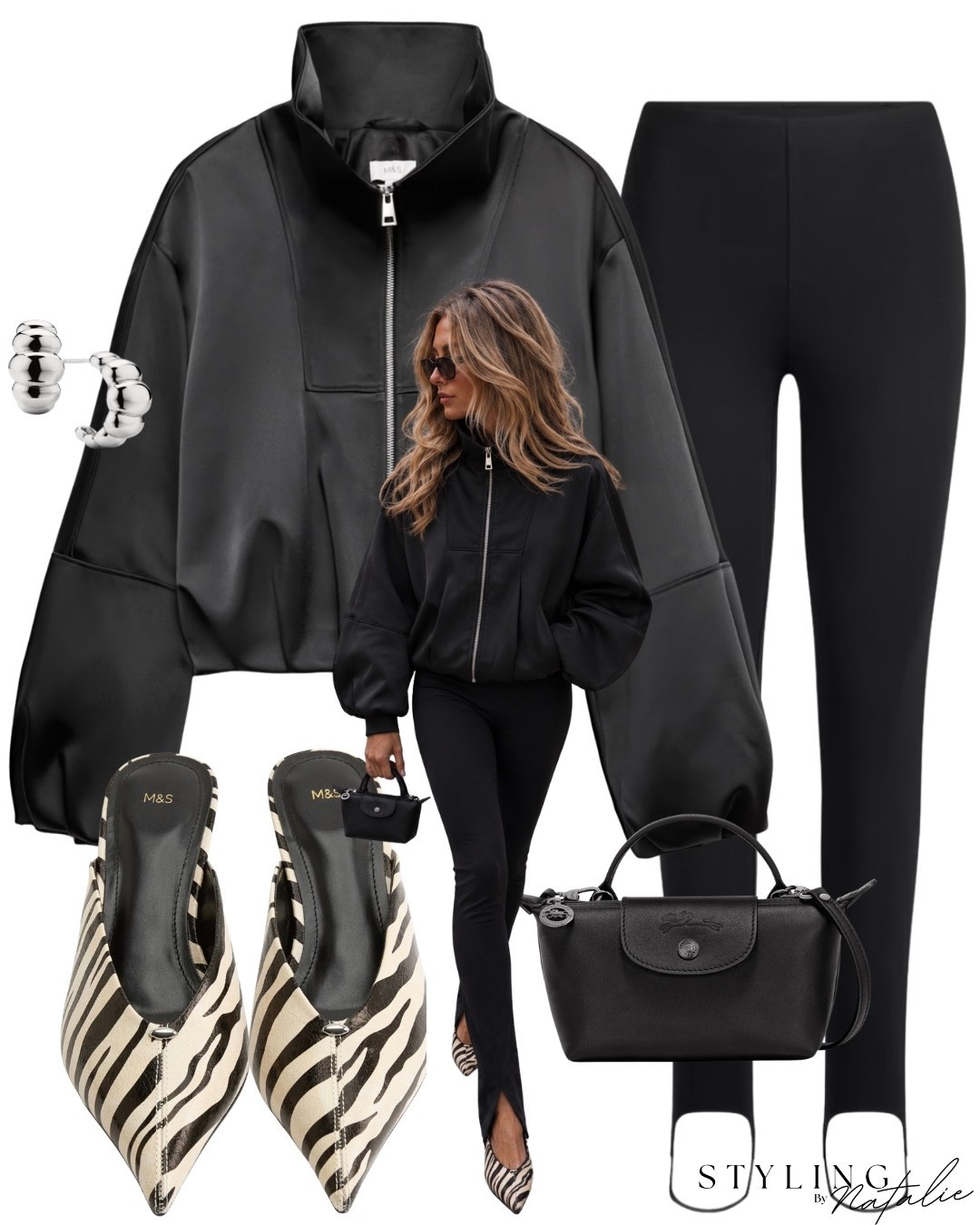 Funnel neck satin bomber zip up jacket stirrup leggings from skims zebra print pointed toe kitten heel mules, silver earrings and a longchamp bag @Mejuri Friday outfit weekend outfit date night outfit elevated casual cool Girl autumn black outfit, fall outfit, Marks & Spencer’s skims zebra print animal print ￼

#LTKuk #LTKautumn #LTKdatenight