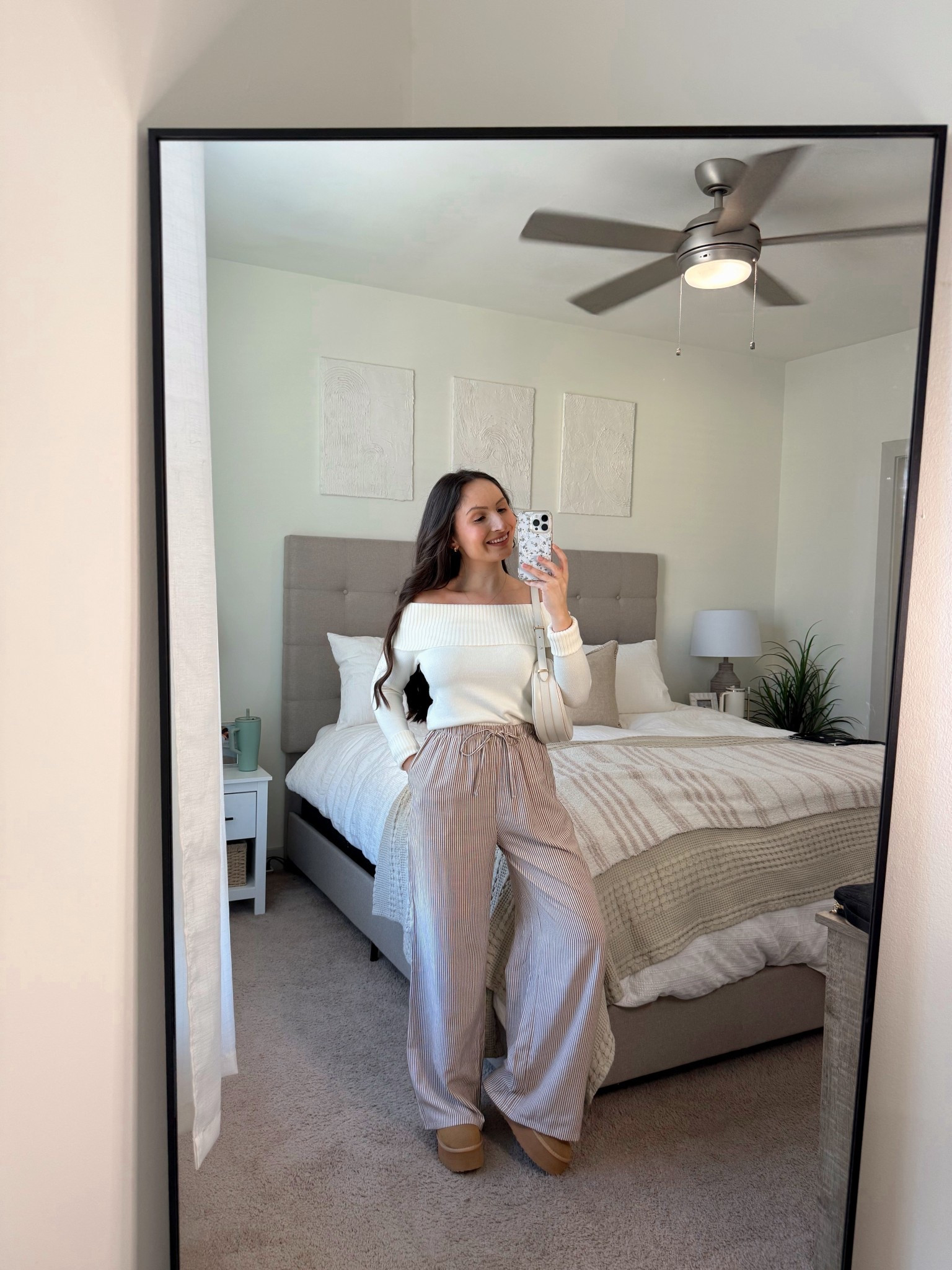 amazon outfit! 
white off the shoulder sweater - XS,
stripe pants - XS (very wide leg),
dream Paris boots - true to size

#LTKSeasonal #LTKPetite #LTKFindsUnder100