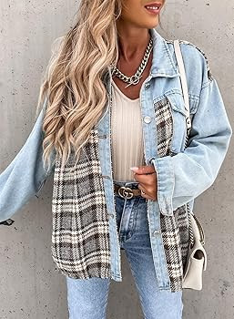Astylish Women Jean Jacket Long Sleeve Button Down Plaid Oversized Denim Shacket Jackets | Amazon (US)
