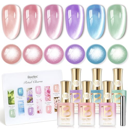 Beetles Petal Charm Cat Eye Gel Nail Polish Set - 6 Colors 15ML Spring Gel Polish Kit Glitter Pink Purple Blue Orange Red Green Magnetic Effect Soak Off UV Nail Art DIY Manicure Gift for Women | Amazon (US)