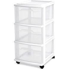 HOMZ Drawer Tower, 3-Tier Rolling Storage Cart with Removable Wheels, White Frame – Plastic Org... | Amazon (US)