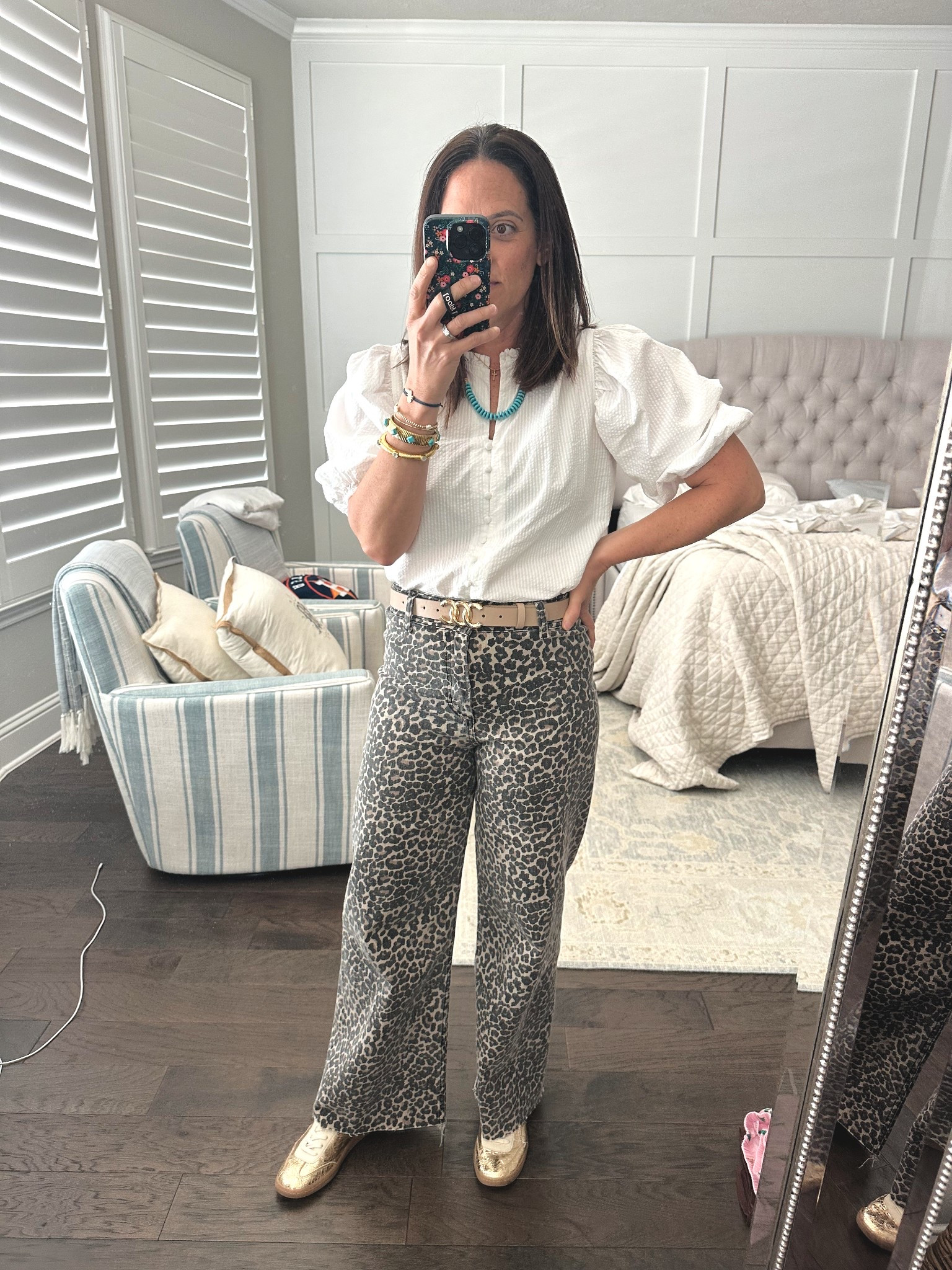 Recreate an outfit - leopard pants, leopard jeans, white blouse, white top, gold sneakers, amazon finds, 


#LTKFindsUnder50 #LTKOver40