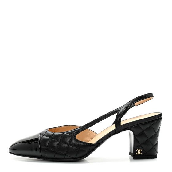 CHANEL Lambskin Patent Calfskin Quilted Cap Toe CC Slingback Pumps 39.5 Black | FASHIONPHILE (US)