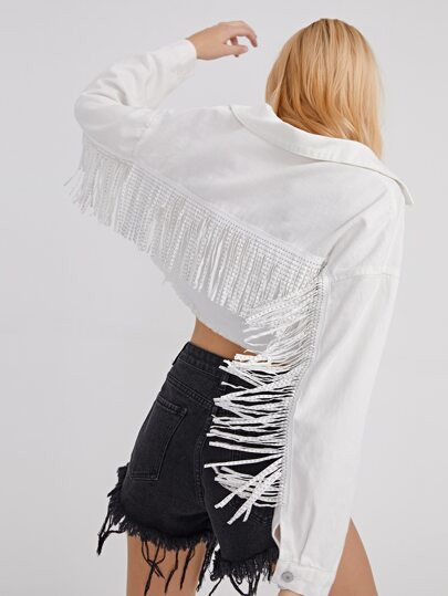 Studded Fringe Raw Hem Denim Trucker Jacket | SHEIN