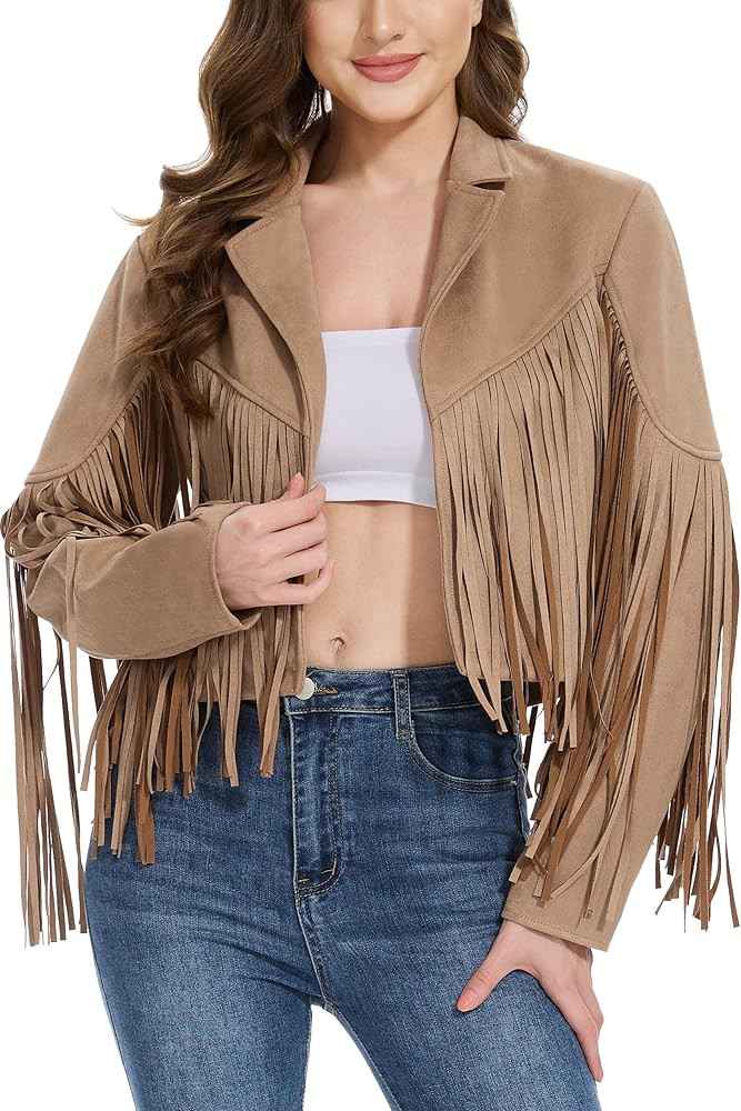 Fahsyee Women's Fringe Leather Jackets - Suede Faux Motocycle Biker Cropped Coat Vegan Blazer Ple... | Amazon (US)