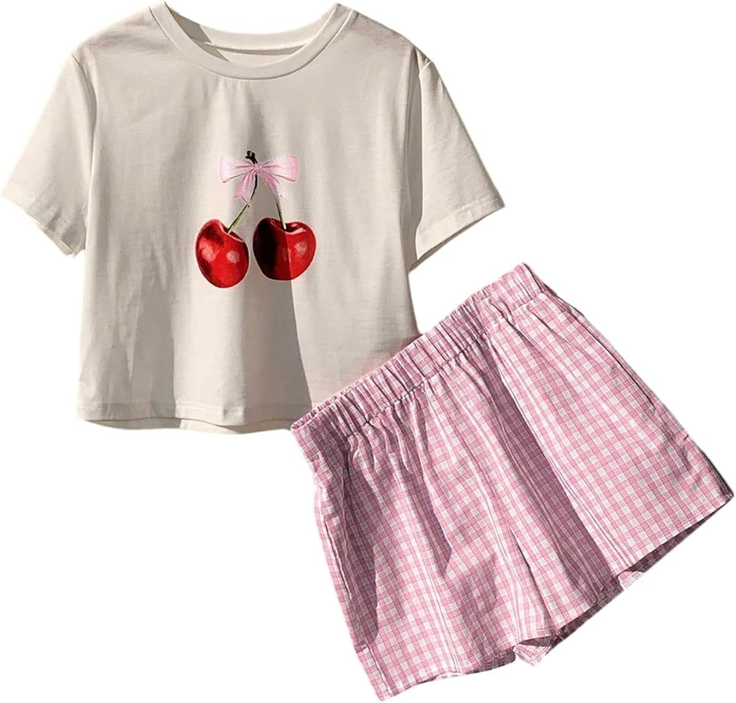 SweatyRocks Women's Cute Pajamas Cherry Gingham Print Short Sleeve Crop T Shirt and Shorts Lounge... | Amazon (US)