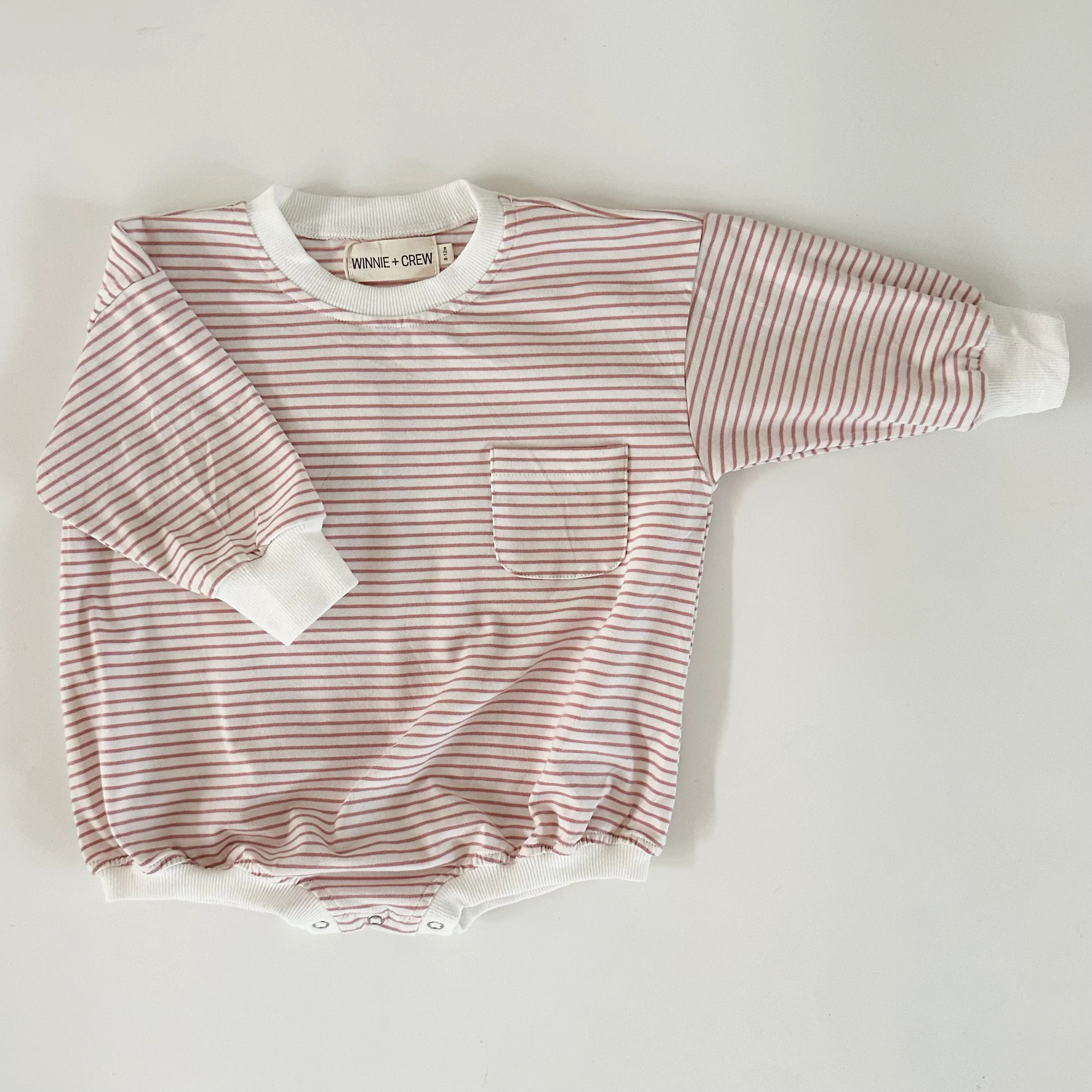 Harley Pocket Romper in Thin Pink Stripes | Winnie and Crew
