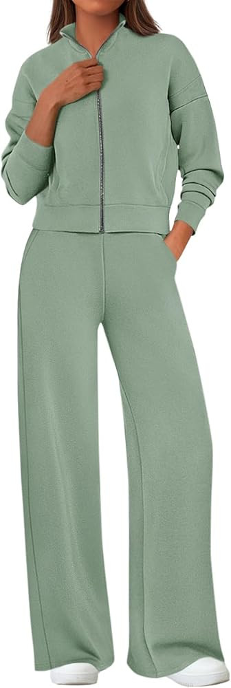 PRETTYGARDEN Women's 2 Piece Outfits Fall Sweatsuits Zip Up Sweatshirt Wide Leg Sweatpants Casual... | Amazon (US)