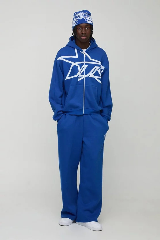 Oversized Boxy Star Printed Zip Through Hooded Tracksuit | boohooMAN (US & Canada)