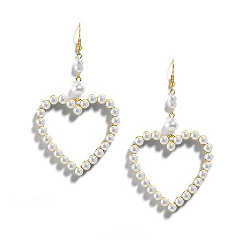 PopTopping Pearl Heart Dangle Earrings Heart Earrings For Women Dangling Love Heart Drop Earrings For Valentine's Day Mother's Day Christmas Birthday Gift (Charming Heart) | Amazon (US)