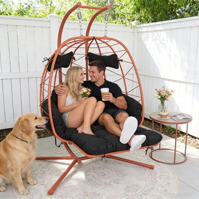 GDFStudio Esteban PE Rattan and Iron Patio Double Hanging Egg Chair with Stand, Adjustable Footrest and Cushions, Black/Red | Target