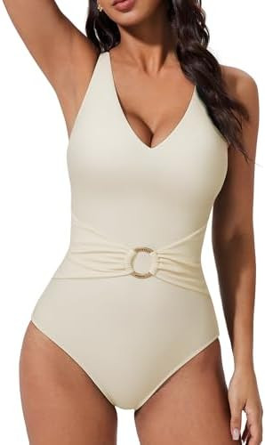 SUUKSESS Women Retro One Piece Swimsuit Metal Tummy Control V Neck Bathing Suit | Amazon (US)