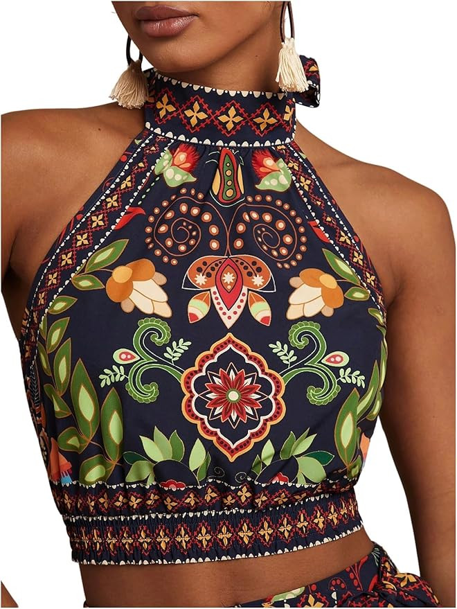 SweatyRocks Women's Boho Summer Halter Crop Tops Sleeveless Shirred Tie Backless Tank Top       
... | Amazon (US)