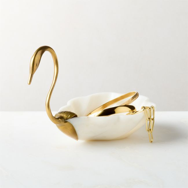White marble swan serving bowl with brass neck