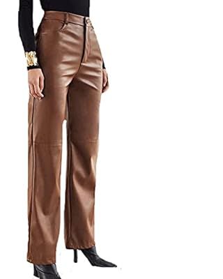 ROLZMOR Women High Waist Faux Leather Pants Solid Color Straight Wide Leg Pu Leather Leggings Tro... | Amazon (US)