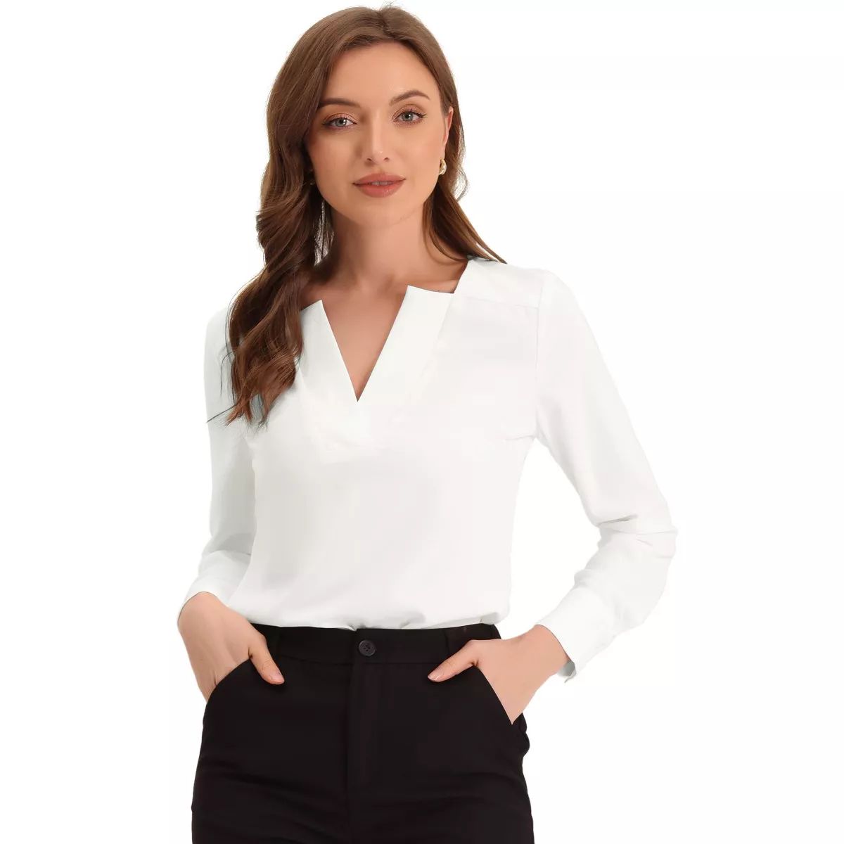 Allegra K Women's Elegant Long Sleeve V Neck Work Office Blouse White X-Small | Target