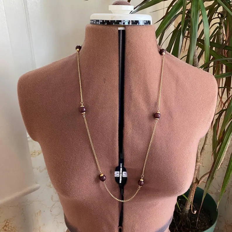 Vintage Wooden Bead and Gold Tone Station Necklace - Mid-century Mod Jewelry - 30" - Etsy | Etsy (US)