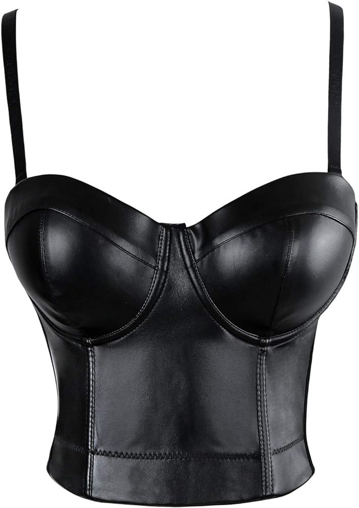 Charmian Women's Spaghetti Straps PU Leather Bustier Crop Top | Amazon (US)