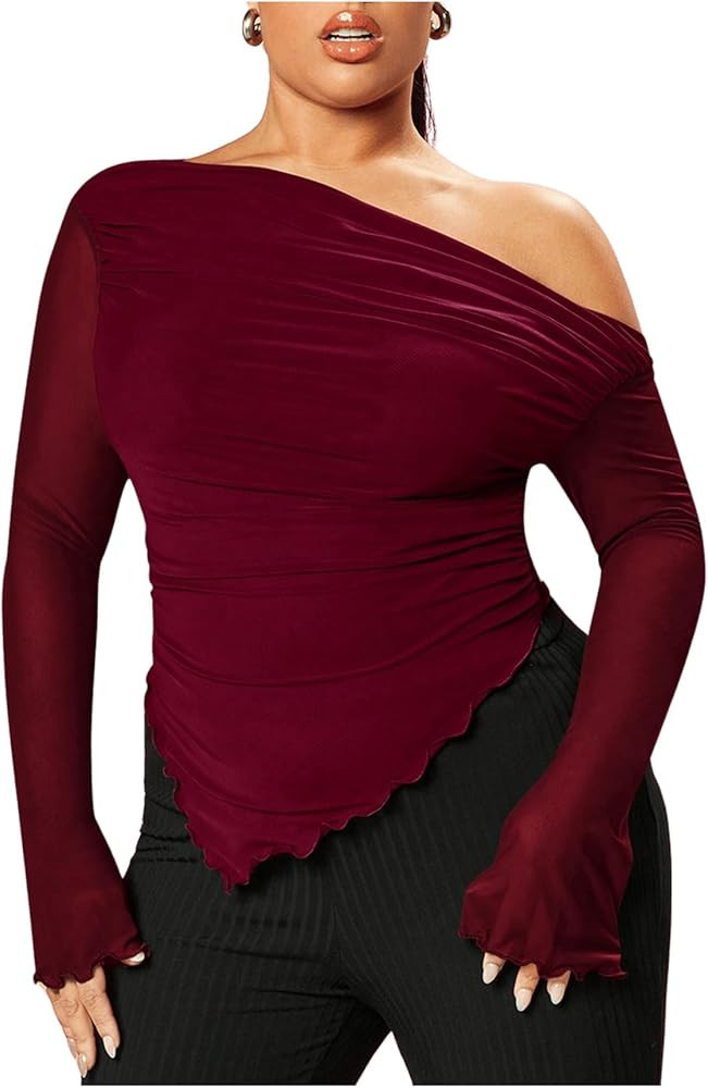 WDIRARA Women's Plus Size Off Shoulder Mesh Ruched Asymmetrical Long Sleeve Tops T Shirt | Amazon (US)