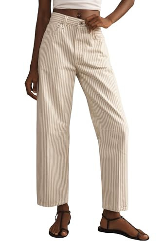 Women Striped Tapered Jeans Wide Leg Denim Pants Baggy Barrel Jeans Beige | Amazon (US)