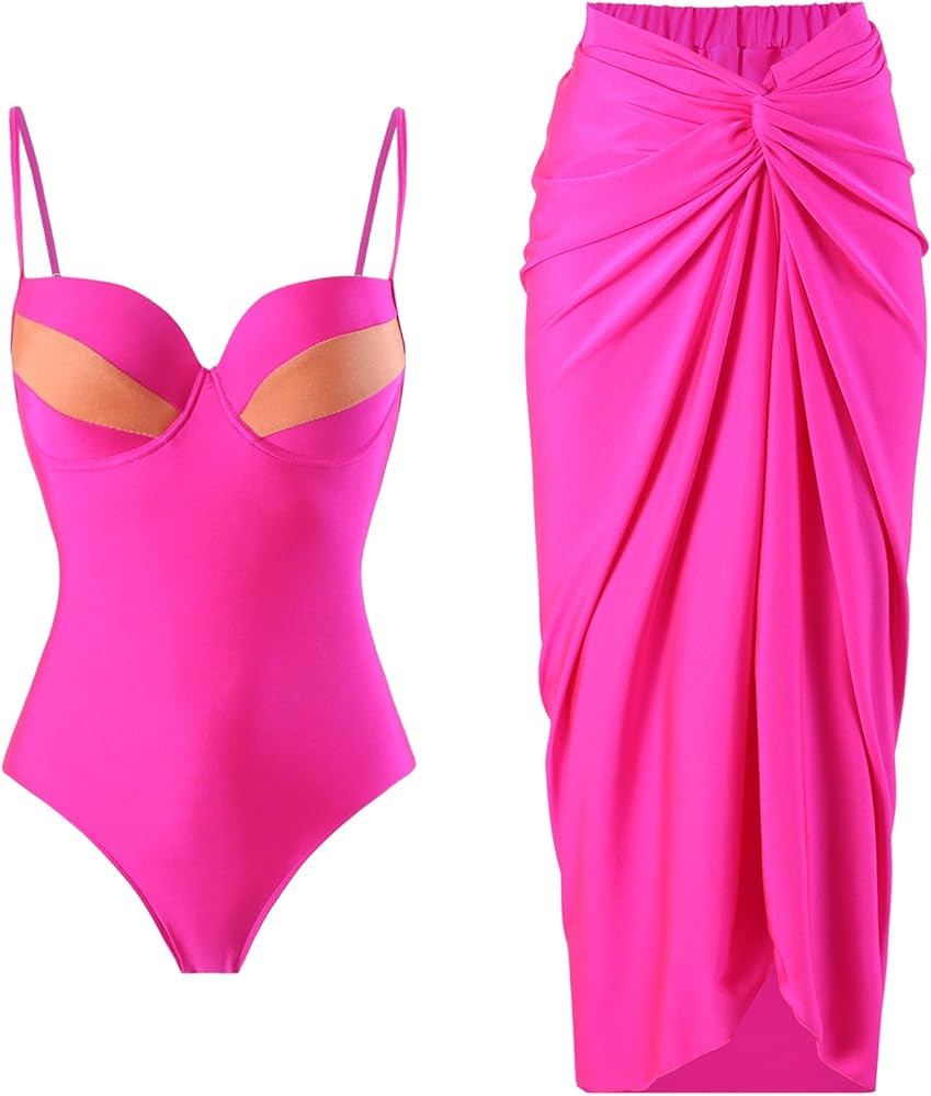 IBAKOM One Piece Swimsuit with Cover Ups Women Push Up Two Pieces Bathing Suit Sexy Bikini Set Wr... | Amazon (US)