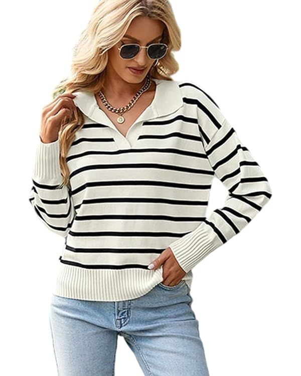 Women Striped Sweater Polo V Neck Long Sleeve Loose Sweater Knit Pullover Jumper Tops | Amazon (US)