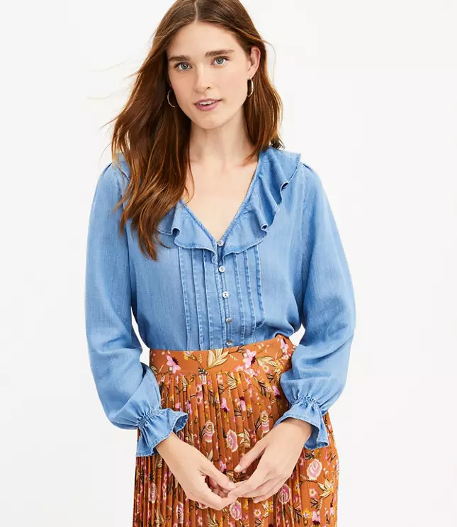 Chambray Ruffle V-Neck Blouse | LOFT