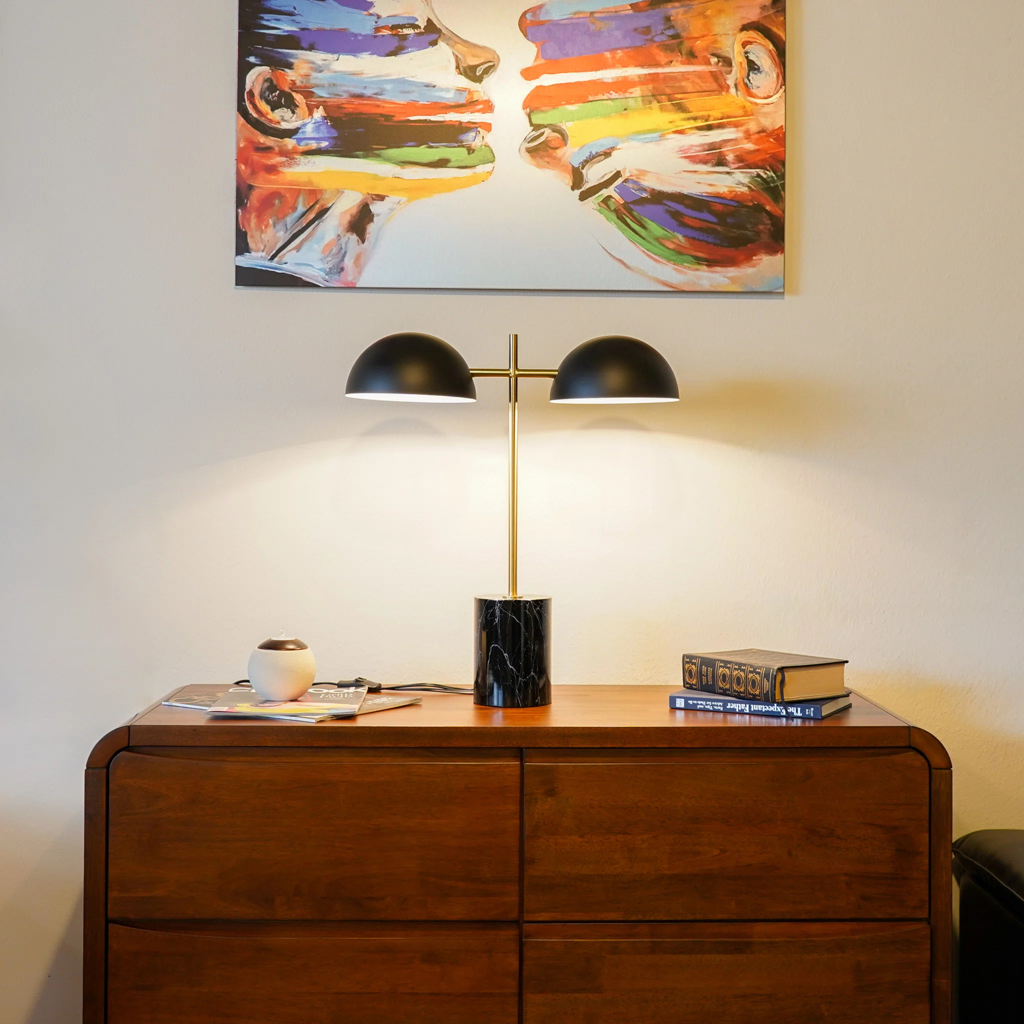 Mercer41 Marlei Black and Gold Brass Metal with Marble Base Double Half Dome Shade | Wayfair | Wayfair North America