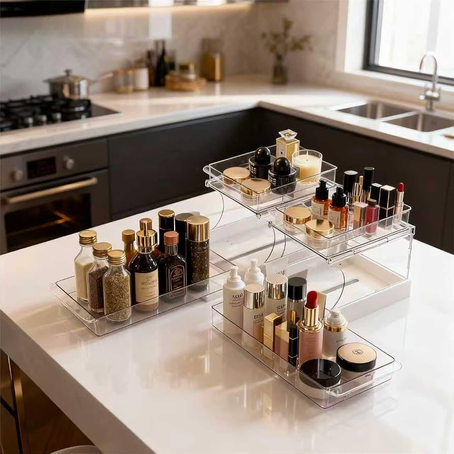 Pull Out 2 Tier Under Sink Organizer Clear Cabinet Organizer for Kitchen Bathroom Storage Rotatin... | Amazon (US)