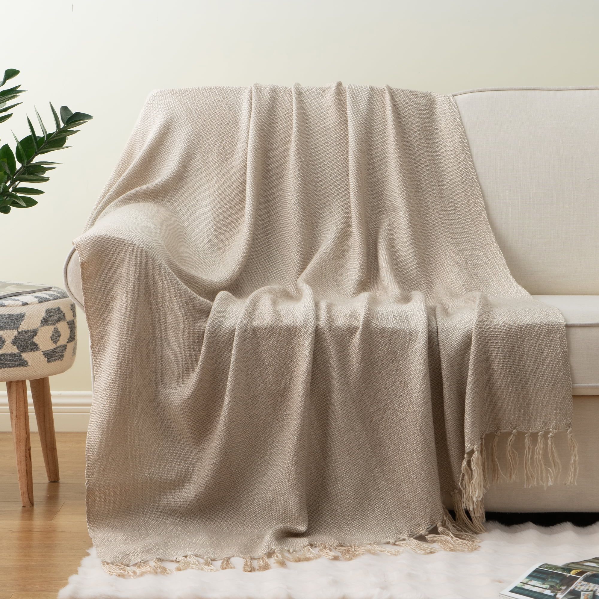 Battilo Beige Woven Tassel Blanket, Linen Blanket, 50"x60", | Walmart (US)