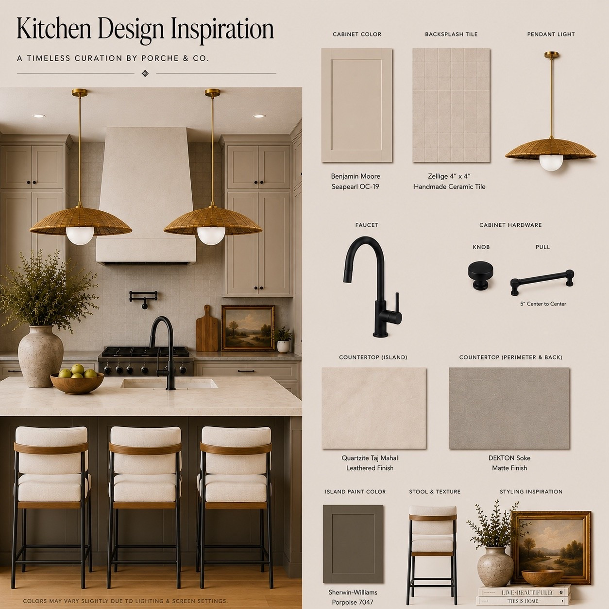 Warm neutrals, timeless textures, and layered finishes that never go out of style. ✨

This kitchen design combines creamy cabinetry, a soft taupe island, handcrafted zellige tile, Taj Mahal quartzite countertops, matte Dekton surfaces, black plumbing fixtures, mixed metals, woven pendant lighting, and warm wood accents for the perfect modern transitional kitchen.

Details featured:
• Benjamin Moore Seapearl cabinets
• Sherwin-Williams Porpoise island
• Taj Mahal Quartzite
• Zellige backsplash tile
• Matte black faucet & hardware
• Woven statement pendants
• Upholstered counter stools
• Neutral kitchen inspiration
• Modern classic design
• Transitional kitchen style

Saving this one for future kitchen remodel inspiration 🤍

#KitchenDesign #KitchenInspiration #NeutralKitchen #TransitionalKitchen #ModernClassic #KitchenRemodel #KitchenRenovation #InteriorDesign #PorcheAndCo #KitchenDecor #CustomKitchen #TajMahalQuartzite #ZelligeTile #BenjaminMooreSeapearl #SherwinWilliamsPorpoise #WarmNeutralHome #LuxuryKitchen #KitchenStyling #KitchenIdeas #DreamKitchen #HomeDesign #KitchenMoodBoard #TimelessDesign #ClassicKitchen

#LTKHome