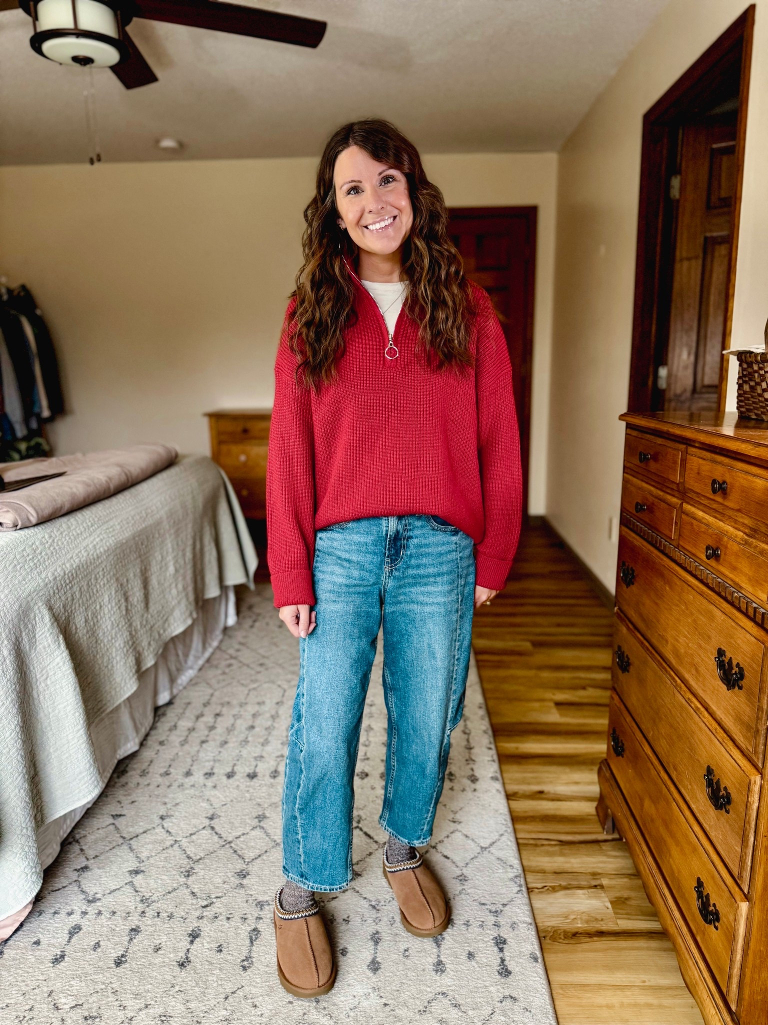 Wearing small in my tee, xs in my sweater, 0 petite in my barrel jeans, and size 6 in my Ugg Tasmans (also linked my Bearpaw slippers that I have too). 

#LTKFindsUnder100 #LTKPetite #LTKSeasonal