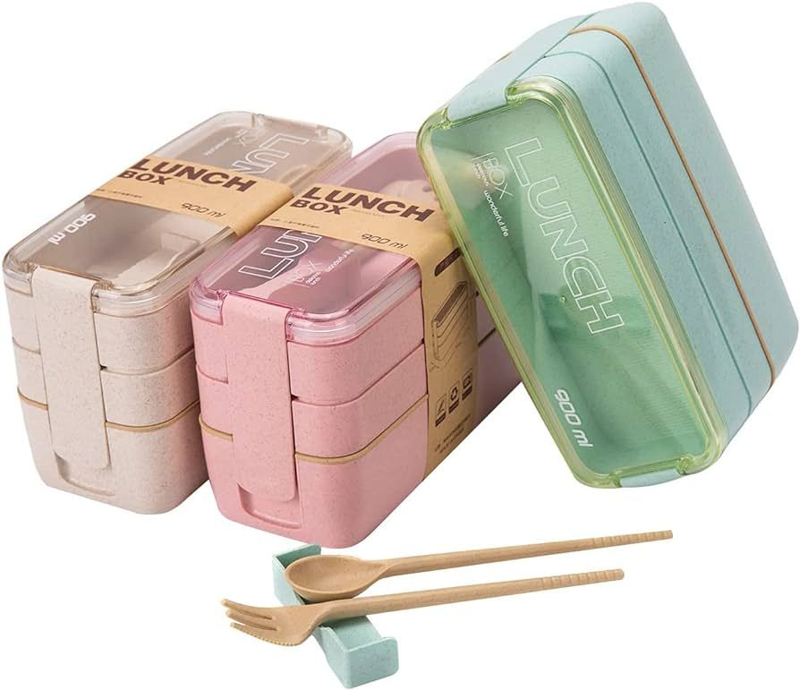 Rarapop 3 Pack Stackable Bento Box Adult Japanese Lunch Box Kit with Spoon & Fork, 3-In-1 Compart... | Amazon (US)