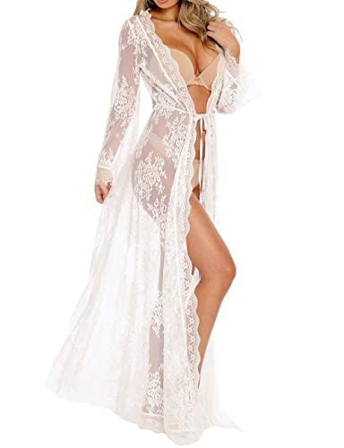 BUTTZO Women Sexy Long Lace Dress Sheer Gown See Through Lingerie Kimono Robe Swimsuit Cover Up | Amazon (US)