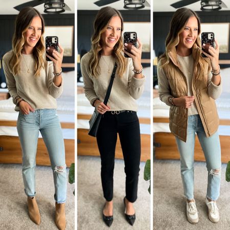 Fall Capsule Wardrobe 

Sweater - medium 
Light wash jeans - 26 long 
Black jeans - 26 long 
Vest - runs big so I’m in a xs 
All shoes are tts 

#LTKunder100 #LTKstyletip #LTKFind