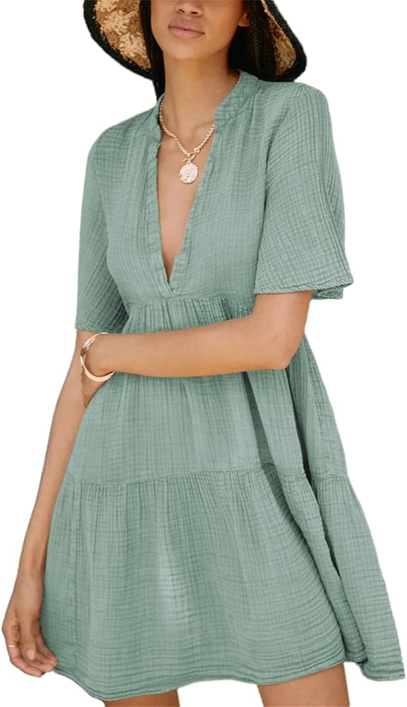 HOULENGS Women's Sexy Deep V Neck Flowy Mini Dress Short Sleeve High Waist Ruffled Short Dress | Amazon (US)