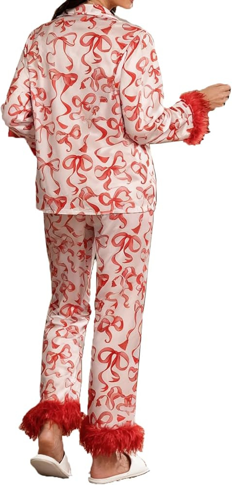 Women Feather Trim Silk Satin Pajama Set Christmas Button Down Shirts and Pants Outfit Sleepwear ... | Amazon (US)