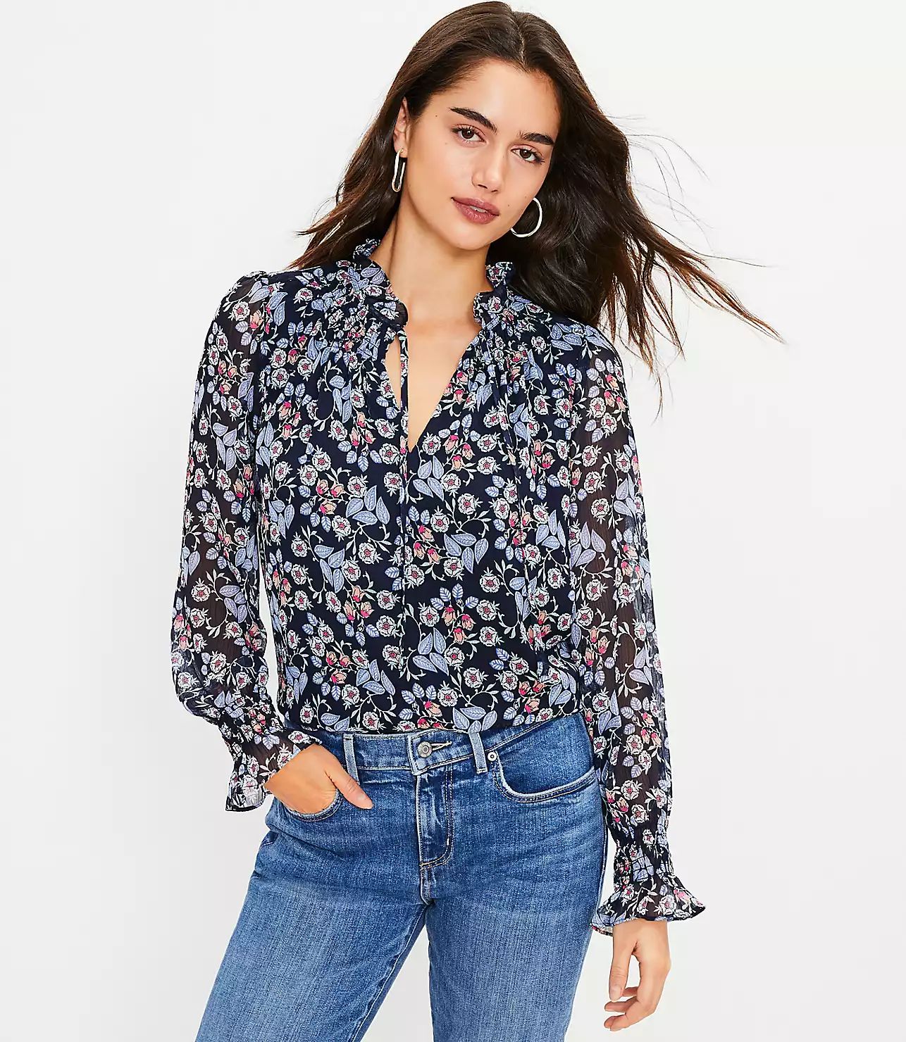 Floral Smocked Ruffle Tie Neck Blouse | LOFT