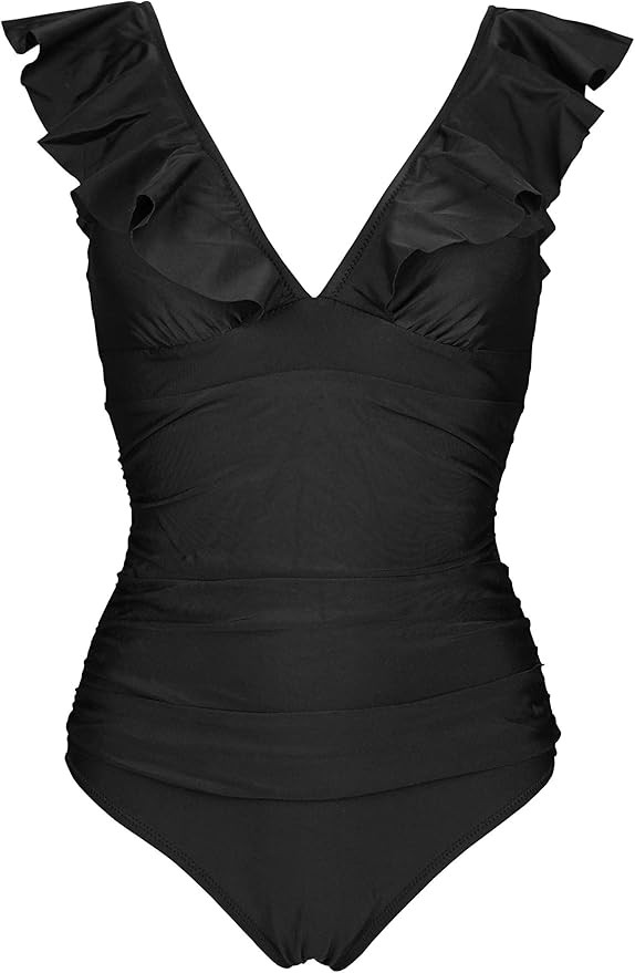 COCOSHIP Women's One Piece Bather Deep V Neckline Bikini Striped Front Backless Swimsuit Flounce ... | Amazon (US)