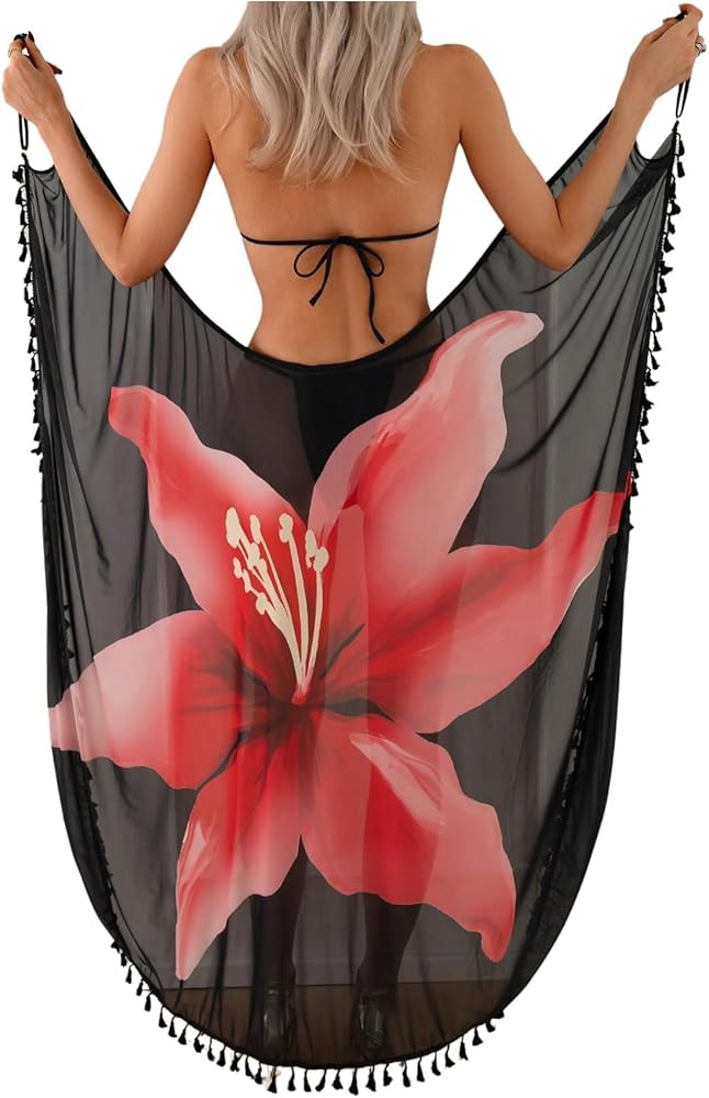 Verdusa Women's Floral Print Sarong Wraps Beach Cover Up Bathing Suit Sleeveless Kimono Dress | Amazon (US)