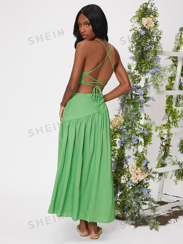 SHEIN VCAY Criss Cross Lace Up Backless Cut Out Ruched Ruffle Hem Dress | SHEIN