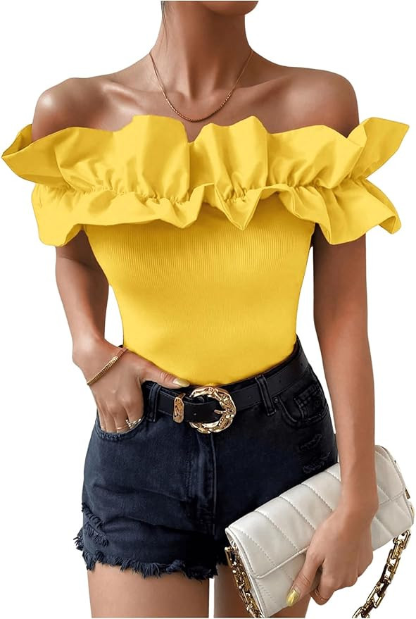 OYOANGLE Women's Ruffle Trim Off Shoulder Short Sleeve Blouse Party Tops Shirt | Amazon (US)