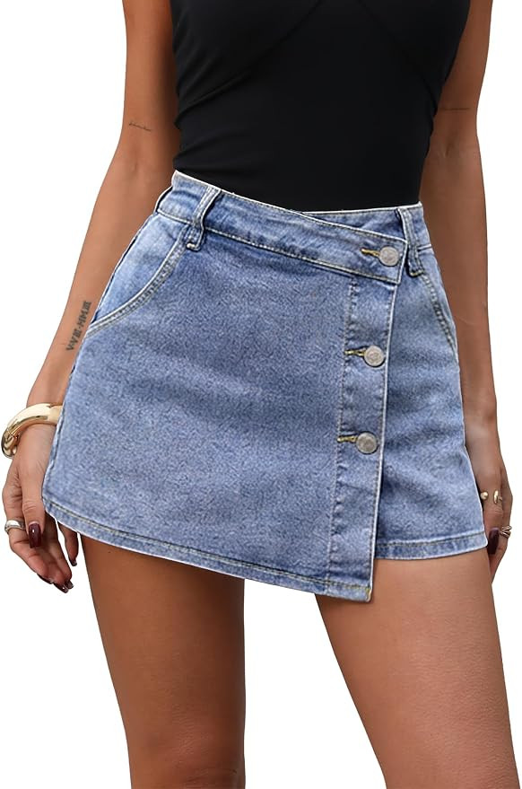 ELLEVEN Denim Mini Skorts Button Front High Waisted Stretch Asymmetrical Jean Skirt with Shorts | Amazon (US)
