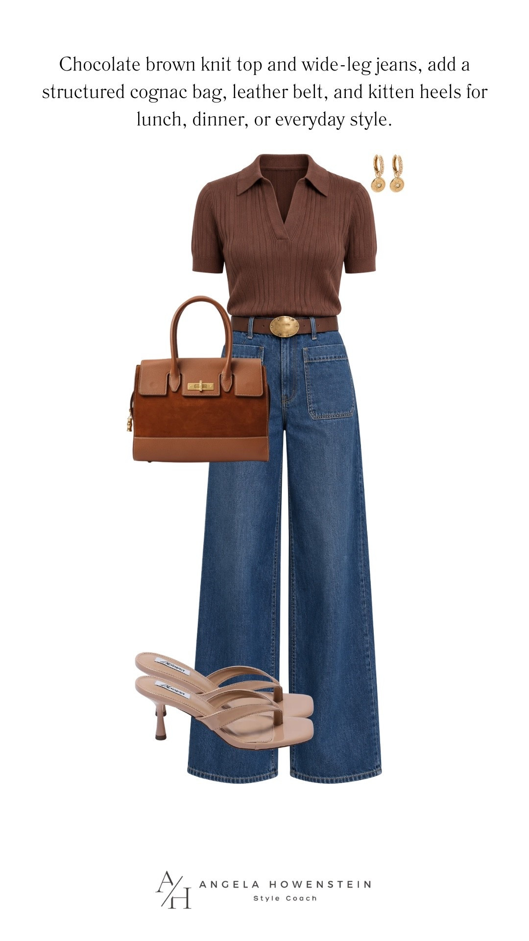 Chocolate brown + denim is such a beautiful combination for fall. A fitted knit polo with wide-leg jeans, a structured cognac bag, and a little heel makes this feel polished without being overdone.

👩‍💻 LTK PRO TIPS
❤️ Heart = Support my posts ;-)
🔖 Save = Get sale & restock alerts for the things you love!
📋 Lists = Keep favorites organized (List ideas: Christmas, Birthdays, and Vacations!)
📲 Share = Send lists and products to a friend (or your daughters like me).
💬 Comment = Ask me anything, and I’ll answer. ;-)
