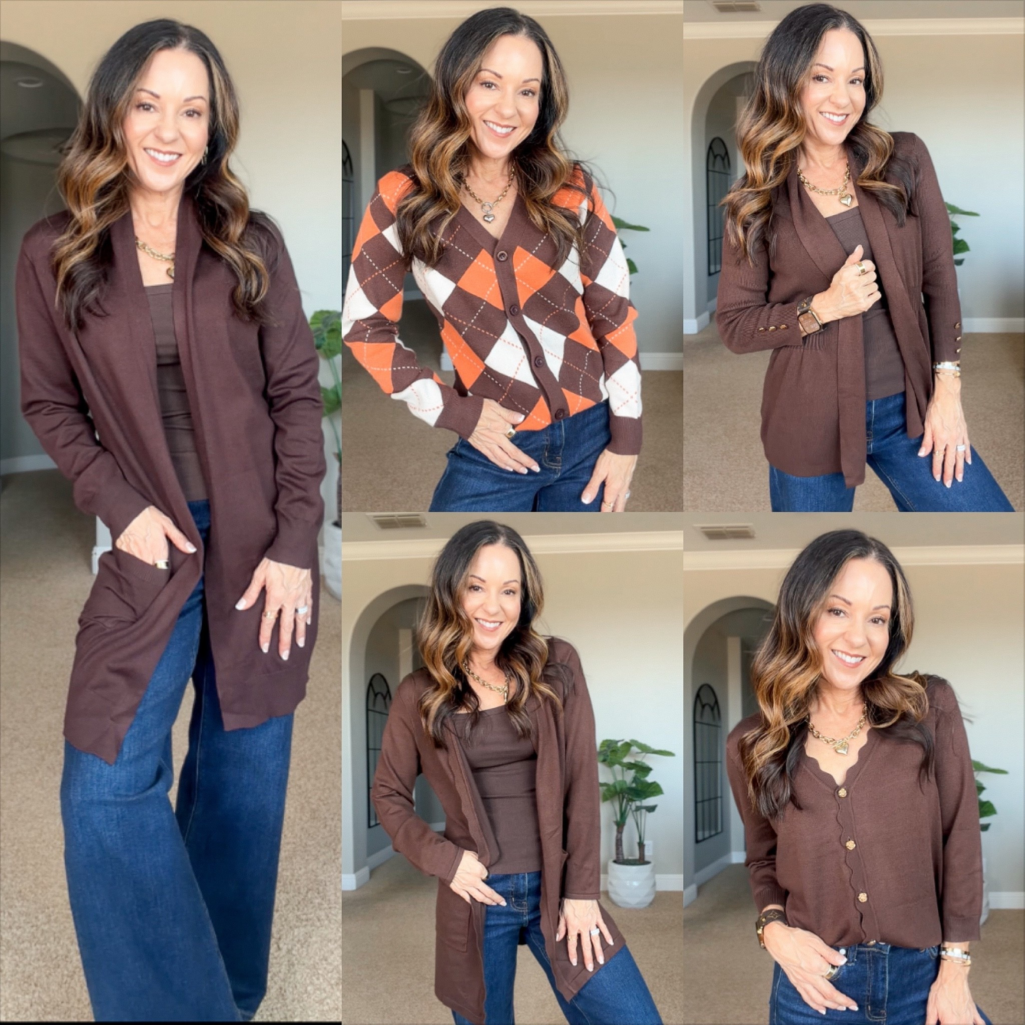 Chocolate brown is having a moment this fall! 🤎🍂 Five sweater styles in different lengths, from shorter cardigans to longer layers. Great for everyday outfits, office, workwear & dressing up your favorite jeans!

For reference: I’m 5’1”, 106 lbs. Everything is unaltered.

chocolate brown sweaters, brown cardigans, fall sweaters for women, fall cardigan outfits, chocolate brown outfits, long cardigans, short cardigans, fall layering, fall workwear, office outfits, teacher outfits, casual fall outfits, over 50 fall outfit ideas, fashion over 50, petite fashion, fall fashion 2026, everyday style