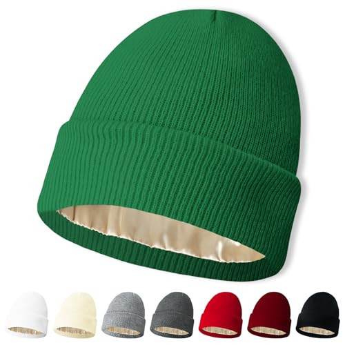 NPQQUAN Satin Lined Beanie for Women Silk Lined Beanies Winter Warm Soft Lining Cuffed Knit Beanie Hats for Women Grassgreen(Satin Lined) | Amazon (US)